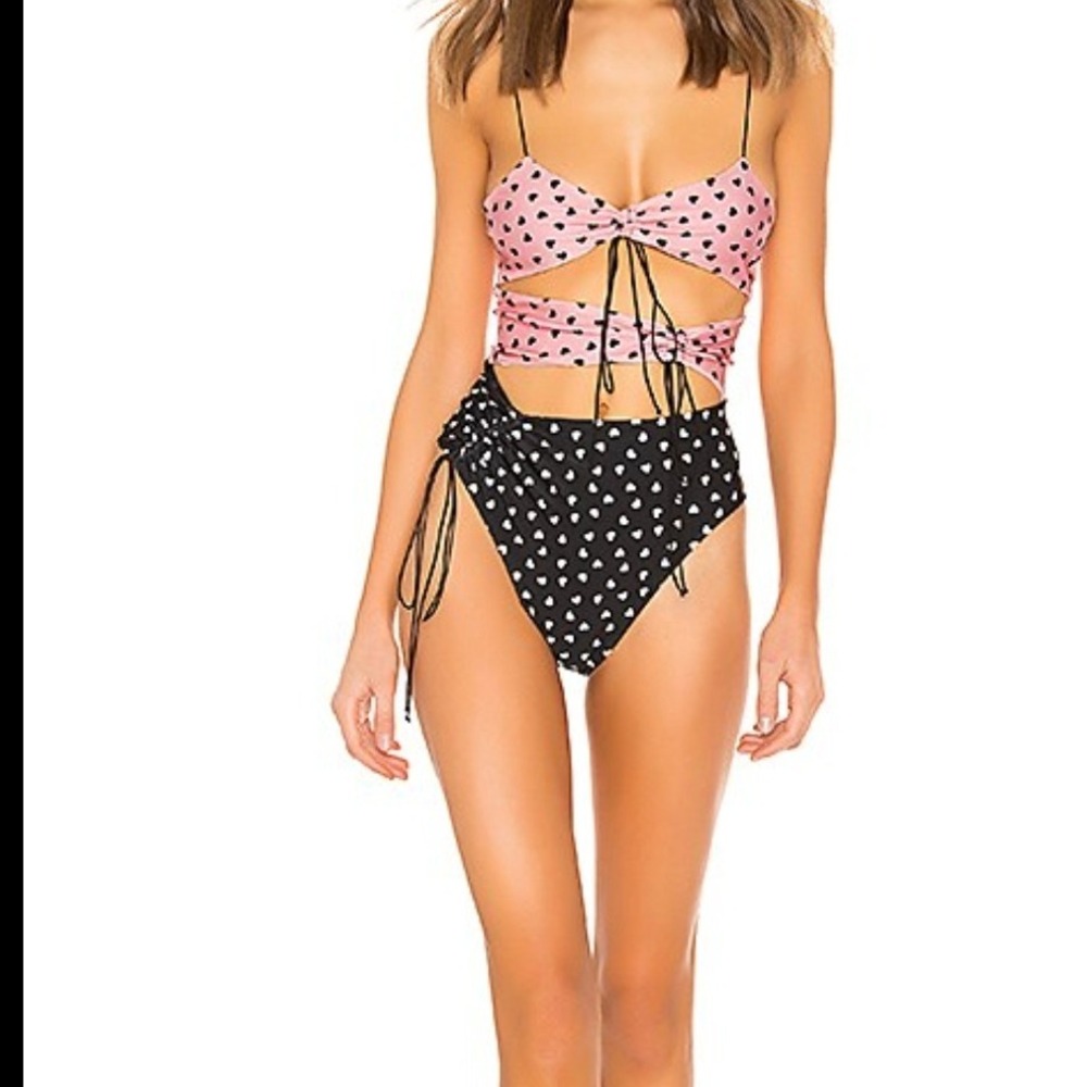 For Love & Lemons Claudia Cutout Tie Side One Piece Swimsuit Pink Black Heart